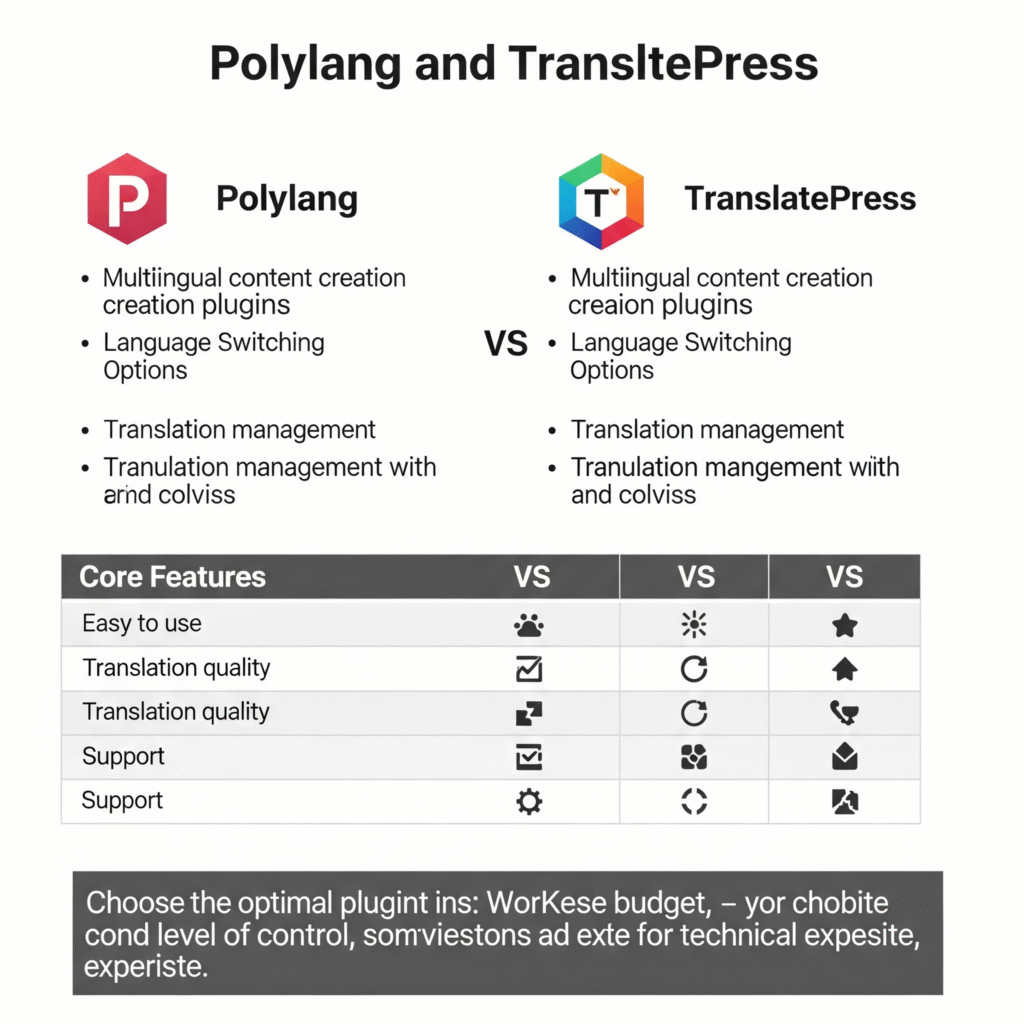 Polylang और TranslatePress वर्डप्रेस प्लगइन्स की तुलना को दर्शाती एक छवि: